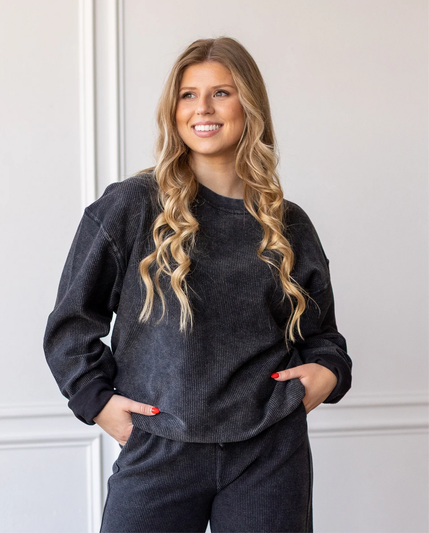 WASHED BLACK - Essential Luxe Corded Crew Sweatshirt