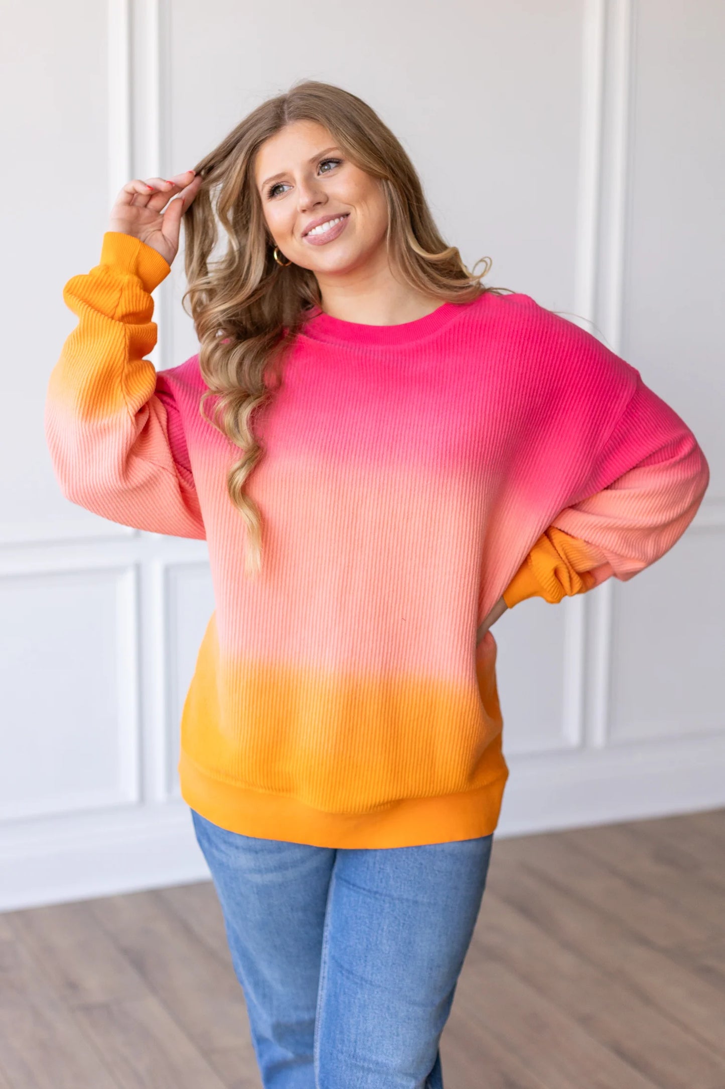 OMBRE COZY CORD SWEATSHIRT - PINK/ORANGE