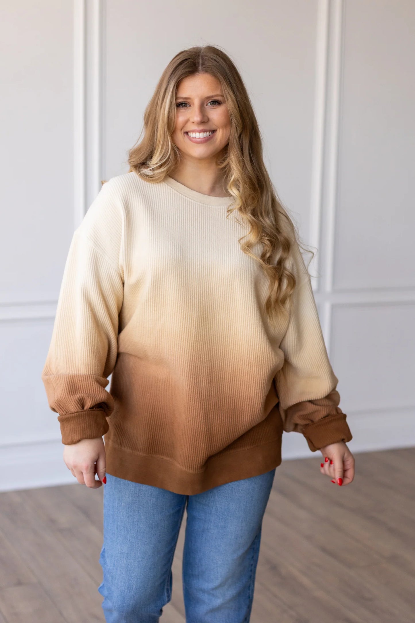 OMBRE COZY CORD SWEATSHIRT - EGGNOG/TOFFEE