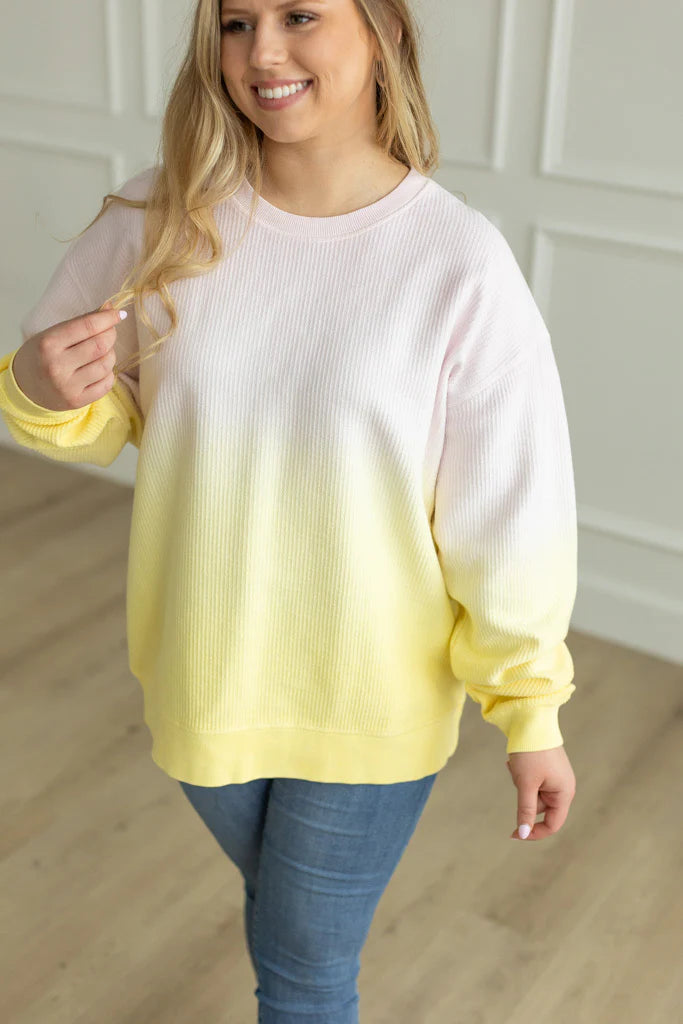 OMBRE COZY CORD SWEATSHIRT - LILAC/PALE BANANA