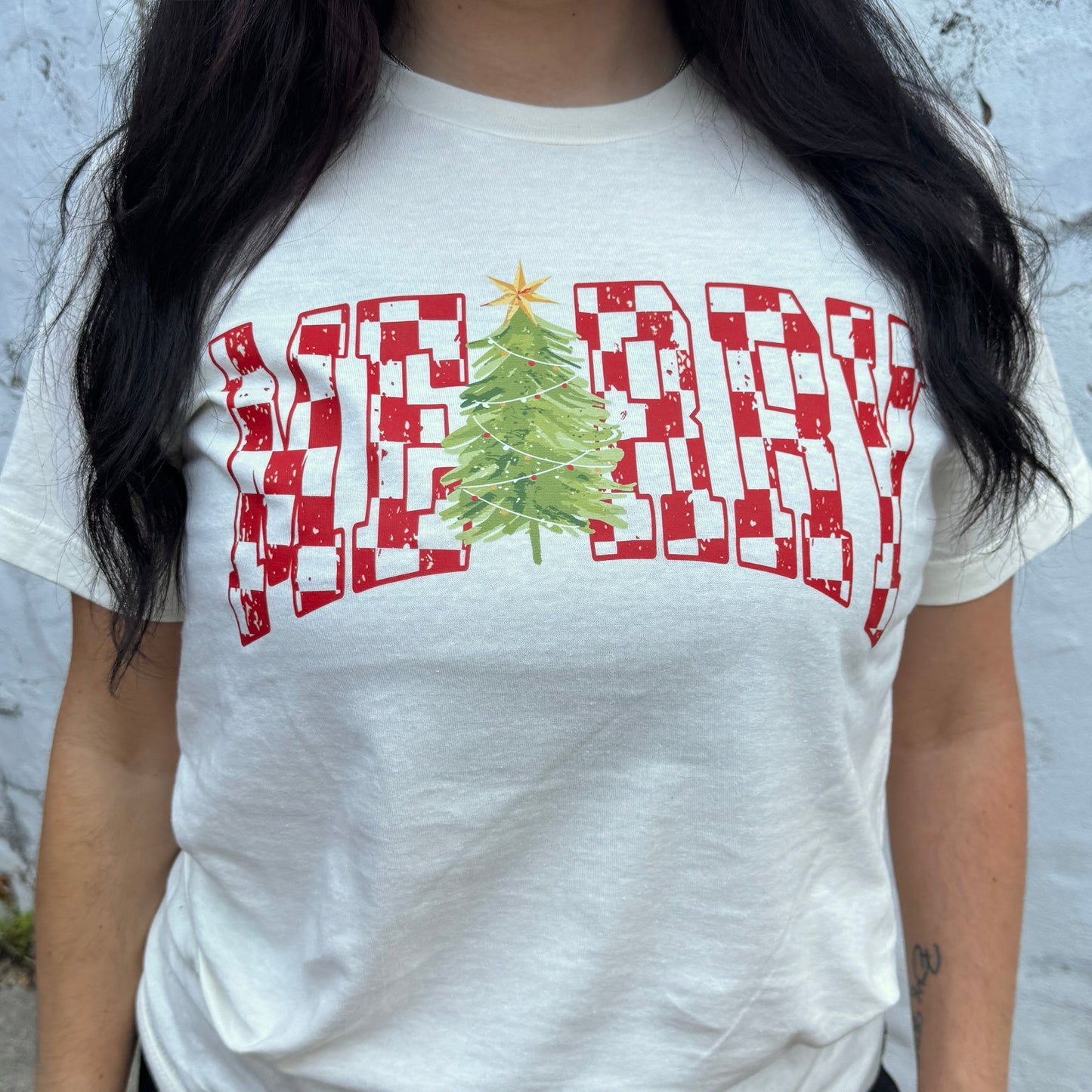 Merry Checkered Tree Graphic Tee