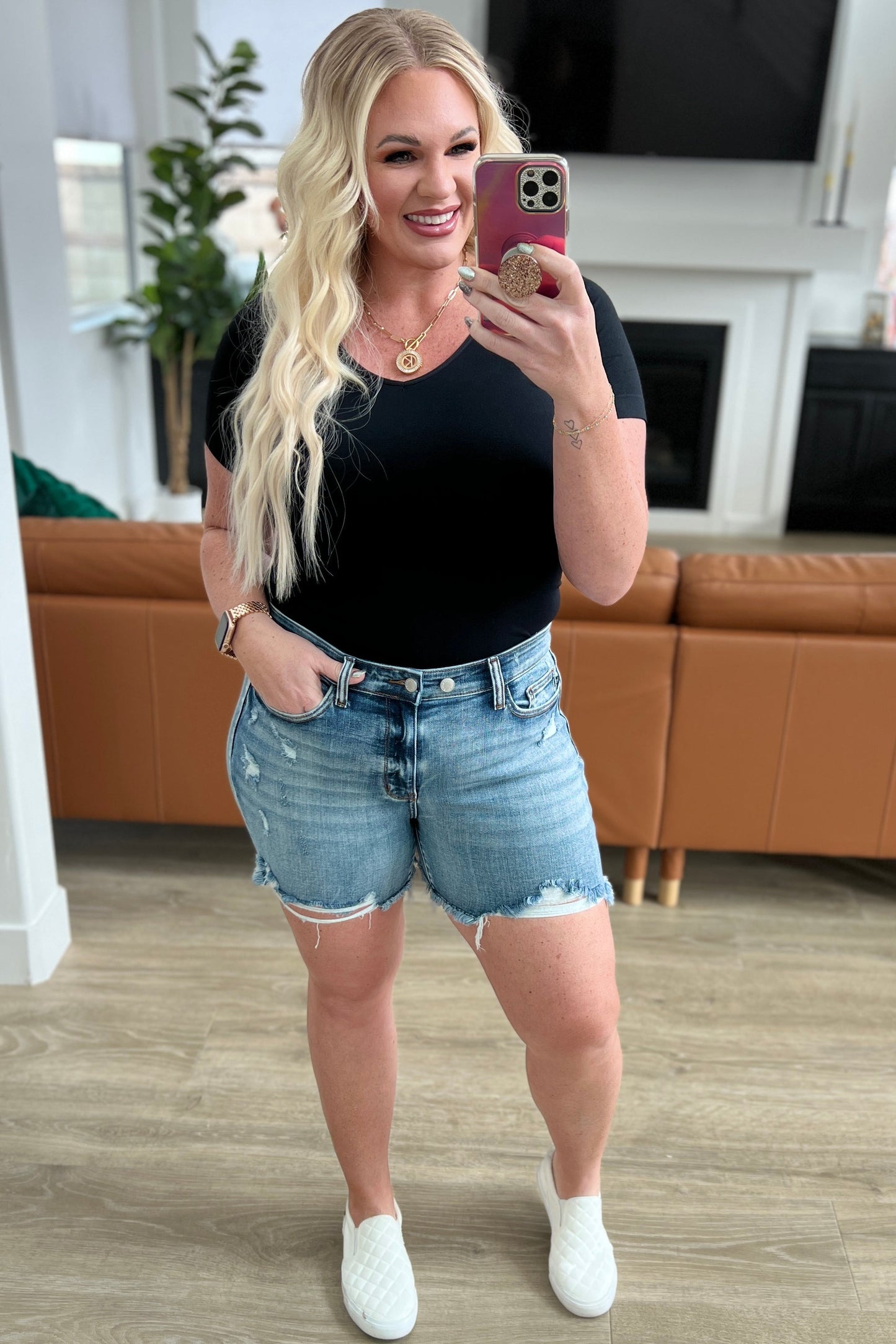 Callie Judy Blue High Rise Adjustable Button Cutoff Shorts