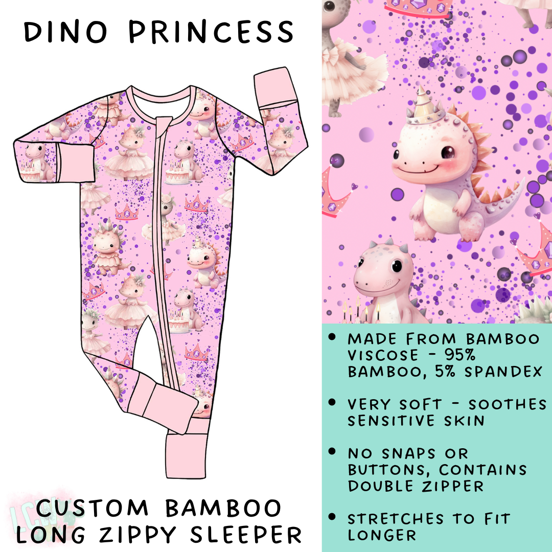 Batch #138 - Little Dreamers - Closes 6/25 - ETA mid August - Dino Princess Bamboo Long Zippy Sleeper