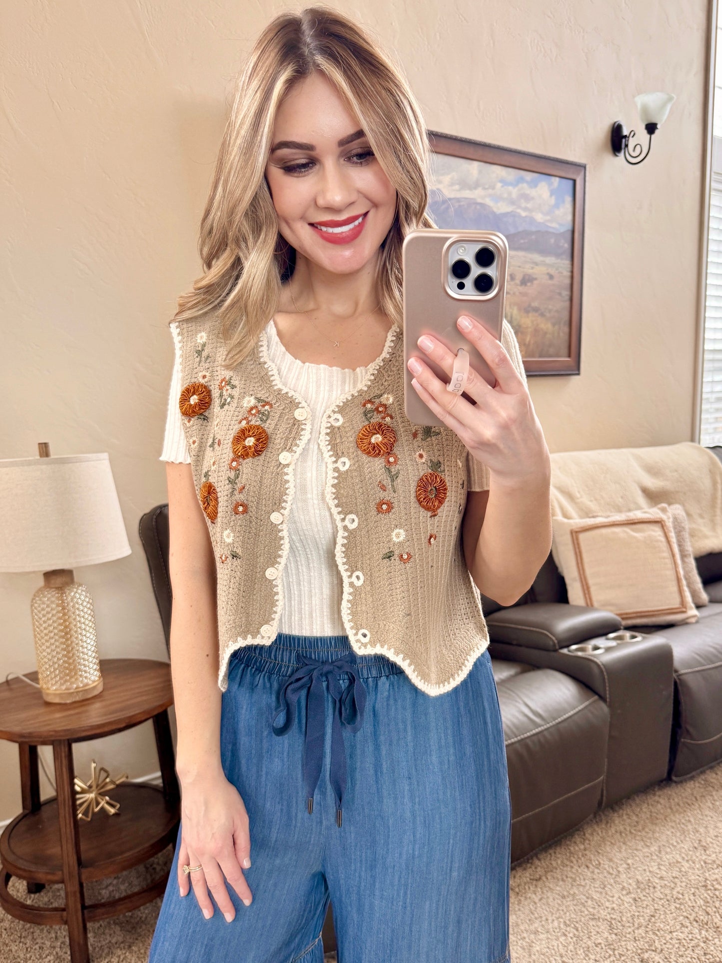 Embroidered Floral Crochet Vest In Mocha