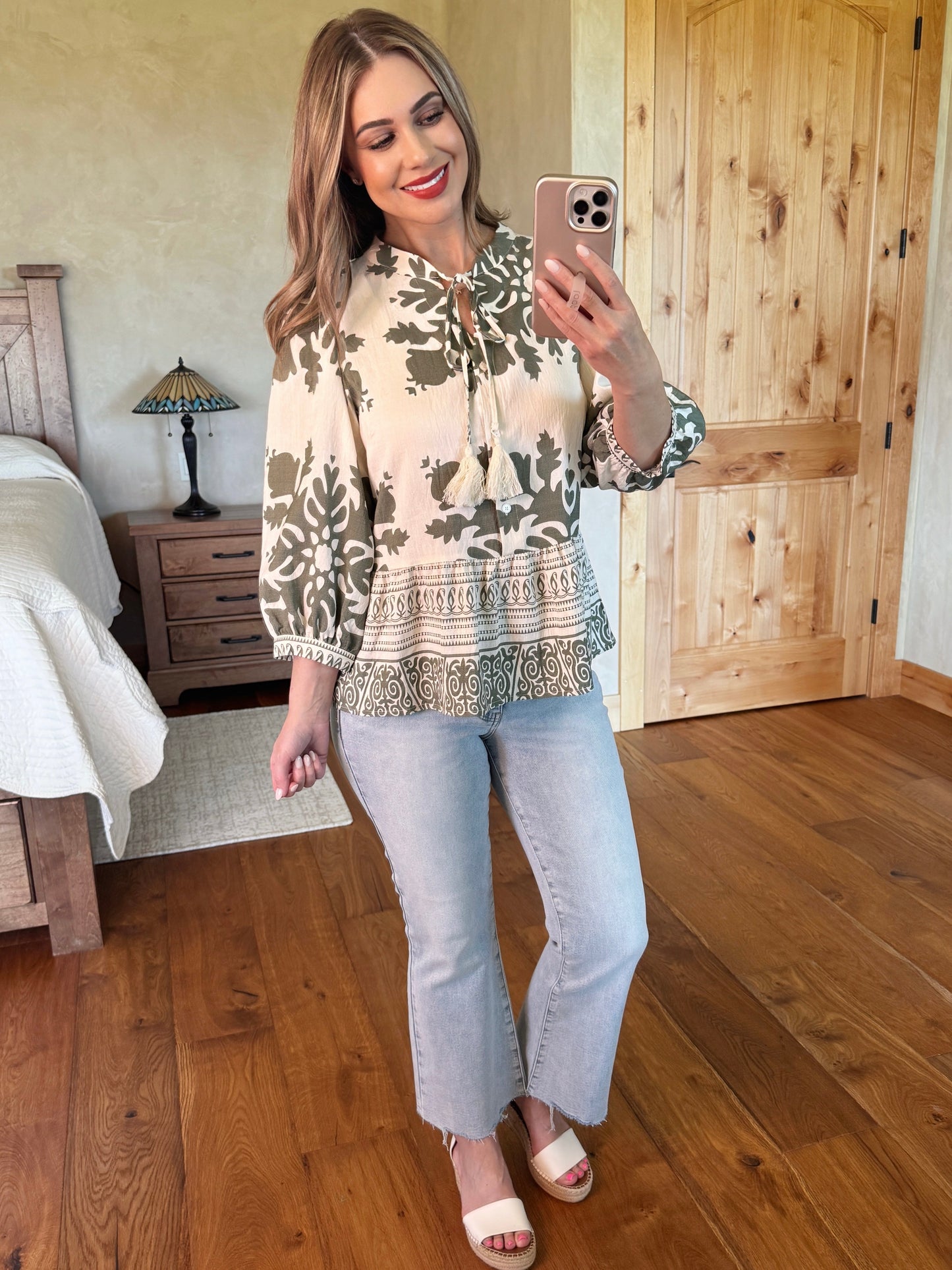Olive Print Blouse With Tassel Tie