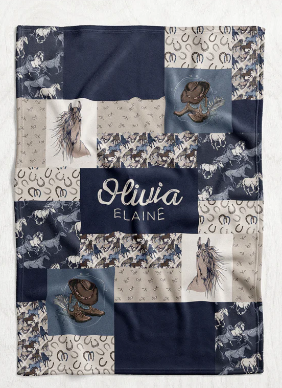 Personalized Navy Wild Horses Blanket