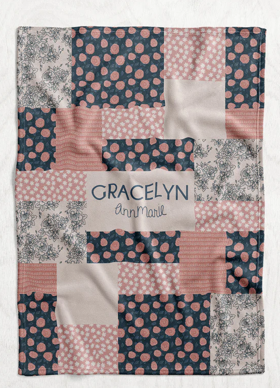 Personalized Pink & Navy Floral Blanket