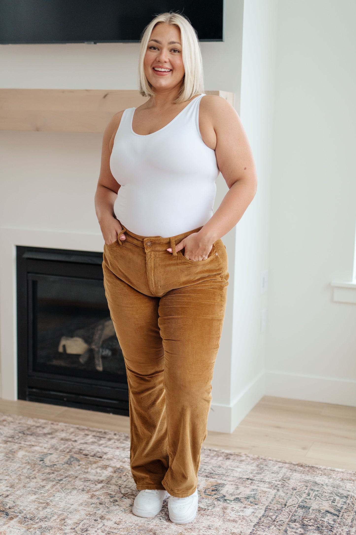 Cordelia Mid Rise Bootcut Judy Blue Corduroy Pants in Camel
