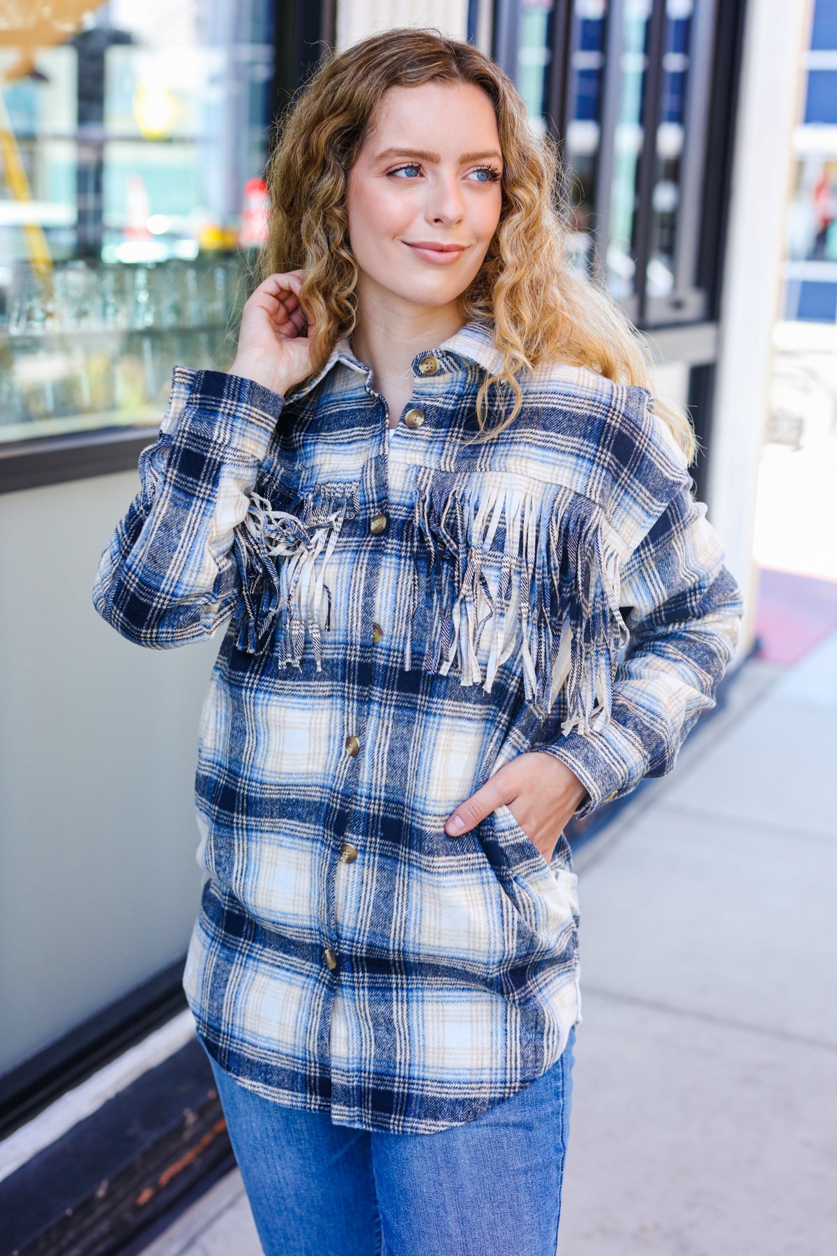 Boldly You Navy Plaid Fringe Button Down Shacket