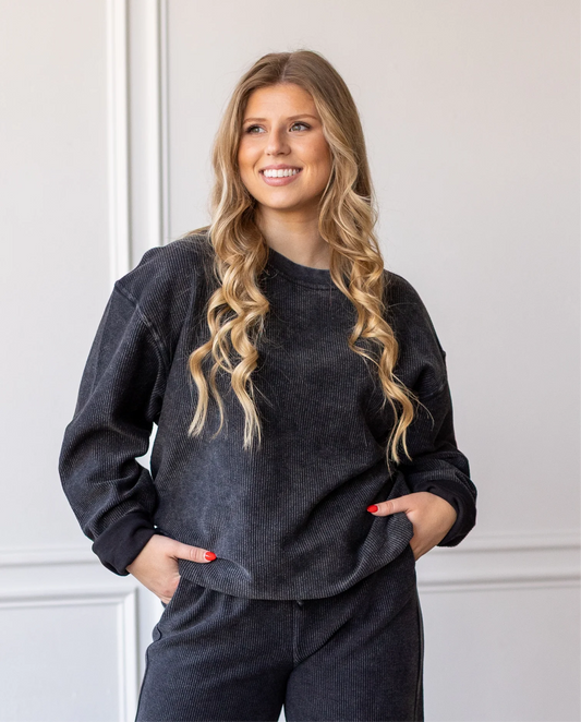 WASHED BLACK - Essential Luxe Corded Crew Sweatshirt