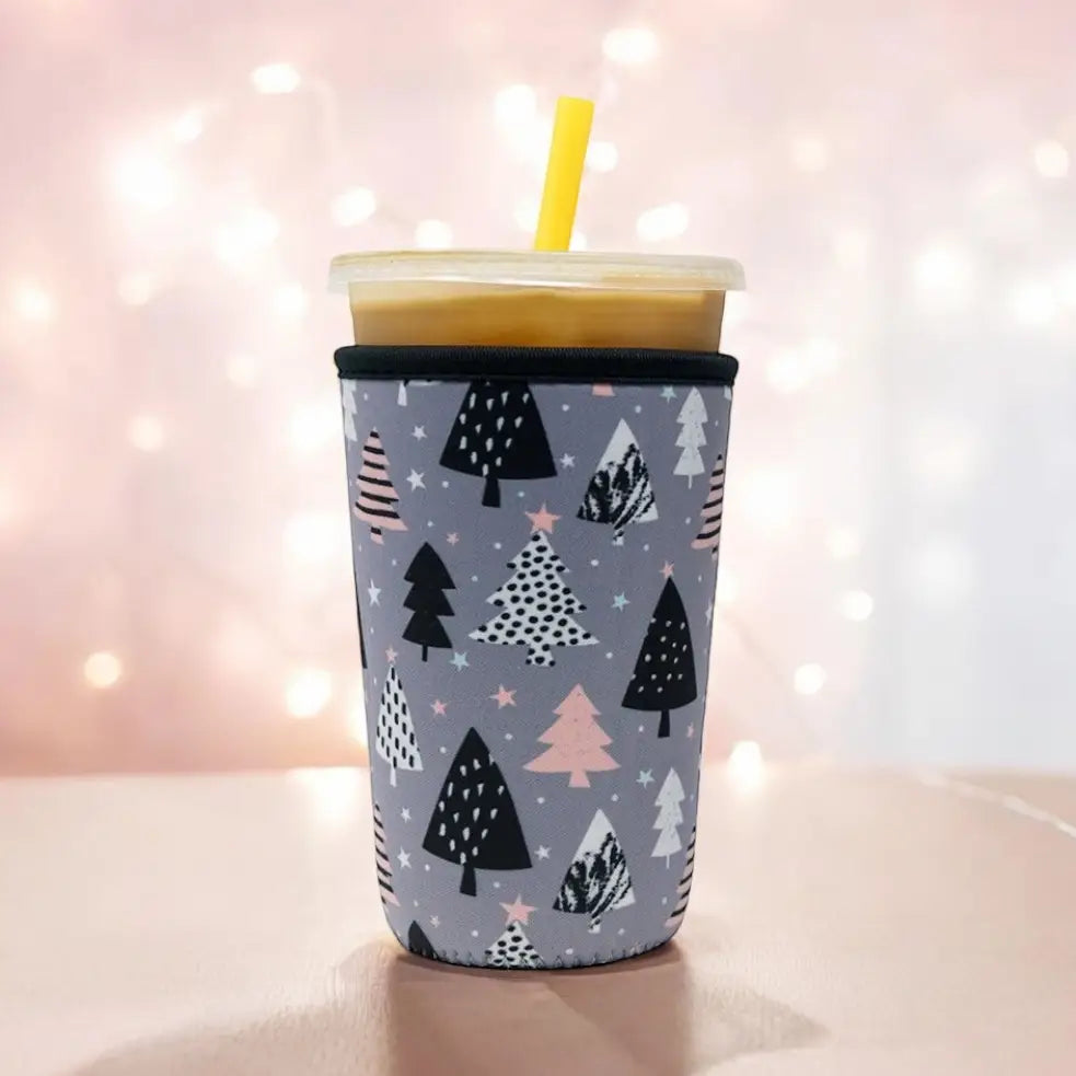 Holiday Insulated Iced Coffee & Drink Sleeve - Greyscale Trees