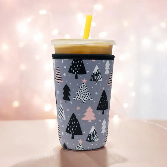 Holiday Insulated Iced Coffee & Drink Sleeve - Greyscale Trees