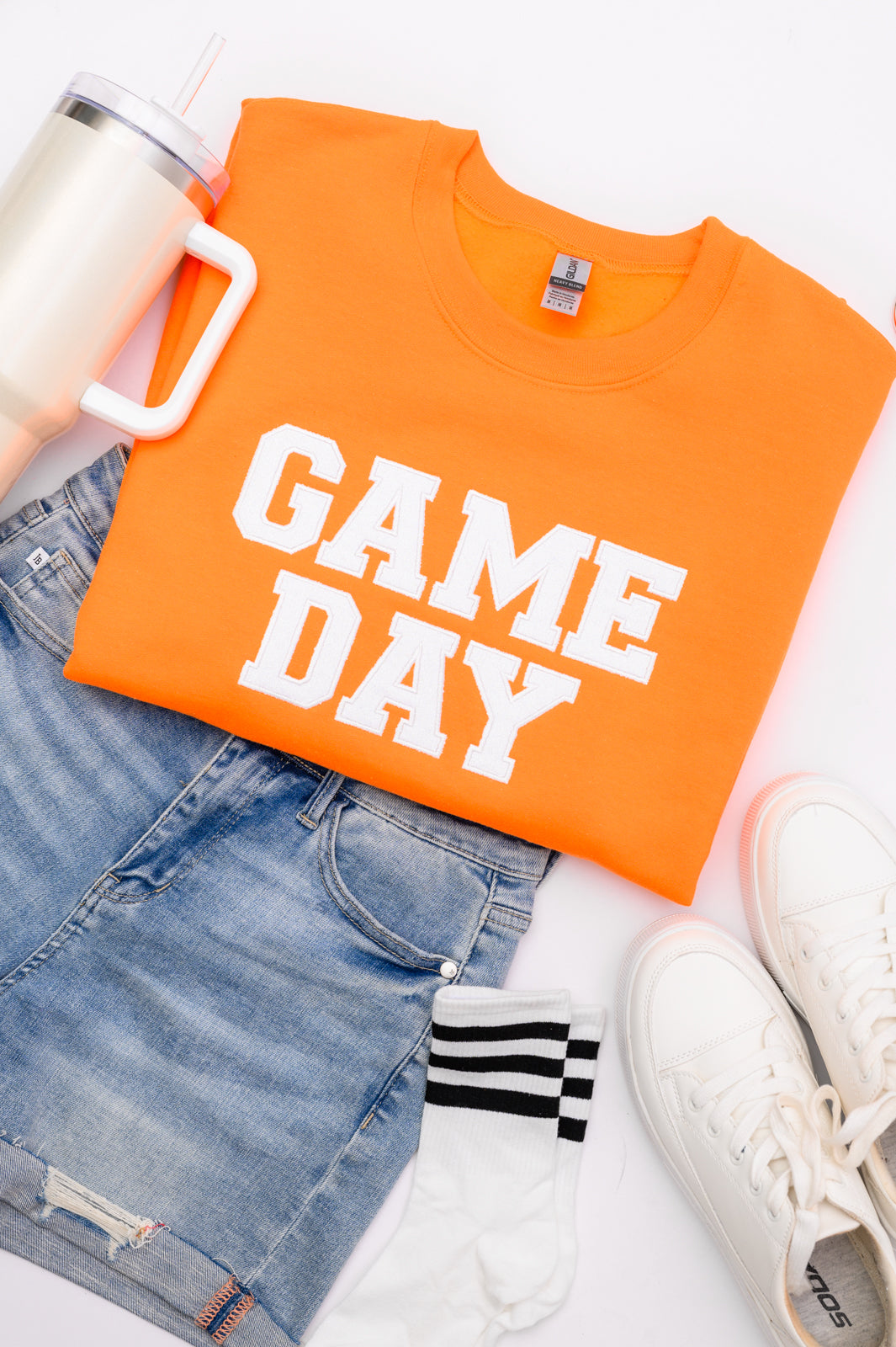 PREORDER: Embroidered Glitter Game Day Sweatshirt in Bright Orange/White