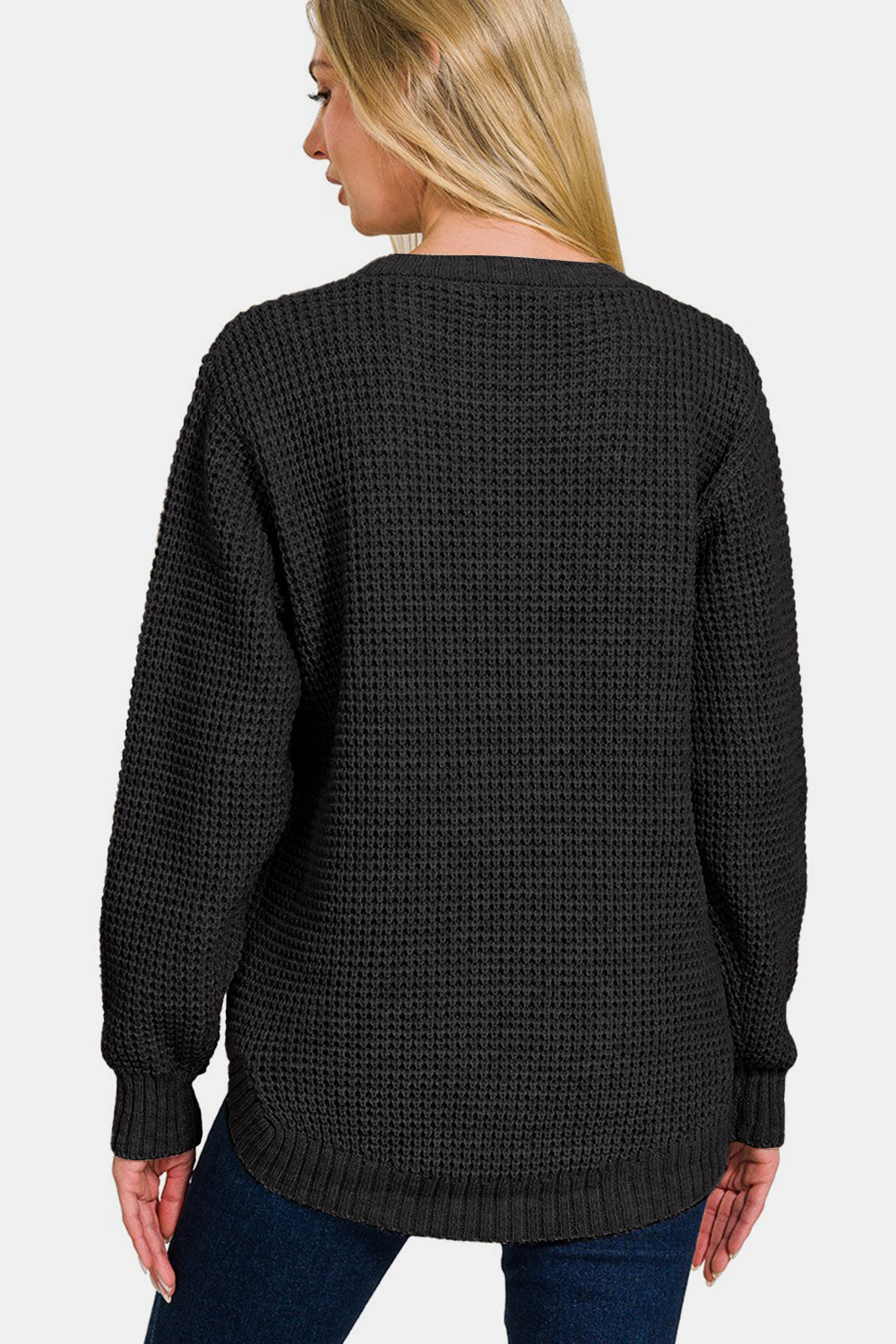 Zenana High Low Long Sleeve Waffle Sweater