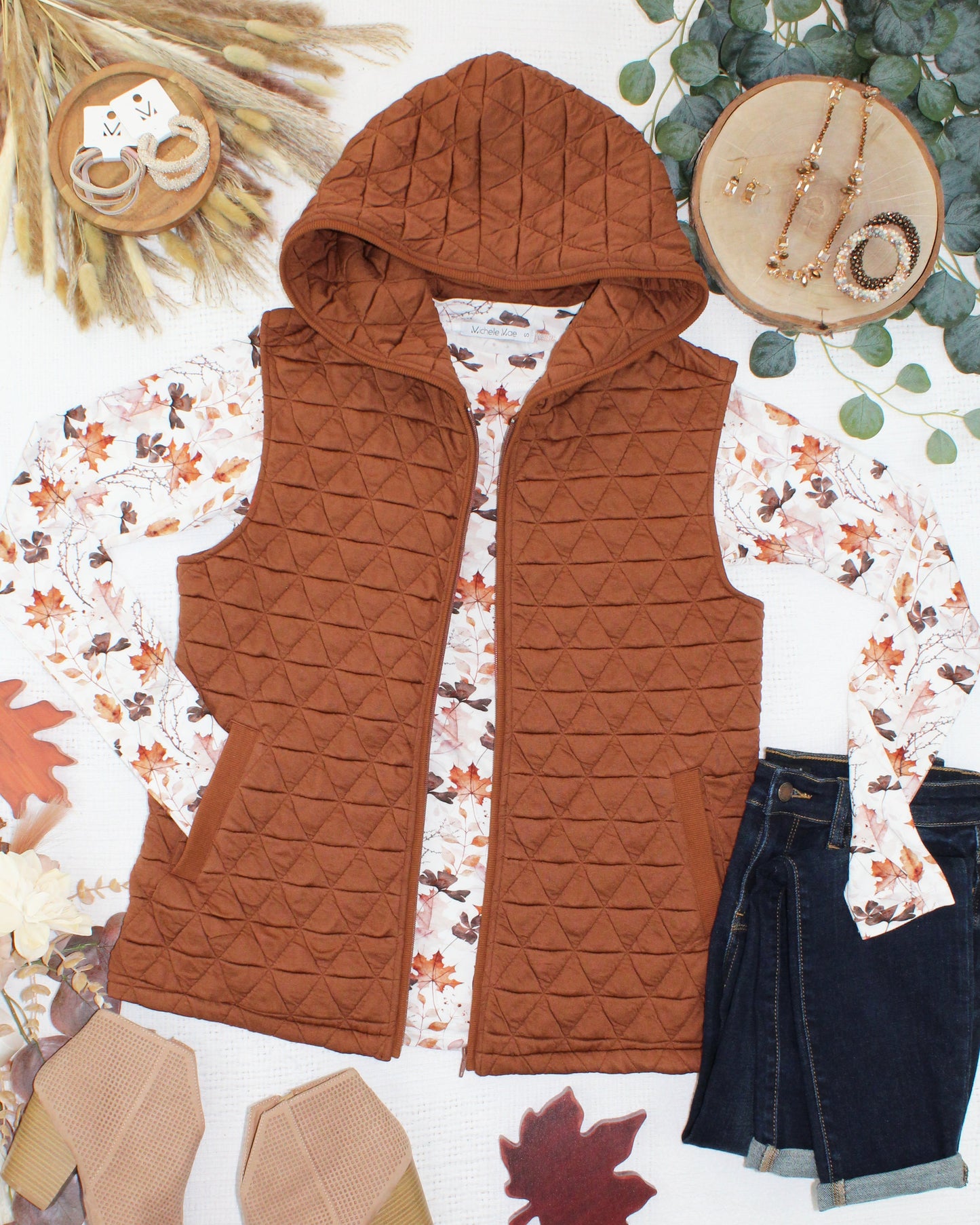 IN STOCK Heather Geometric Hooded Vest - Rust
