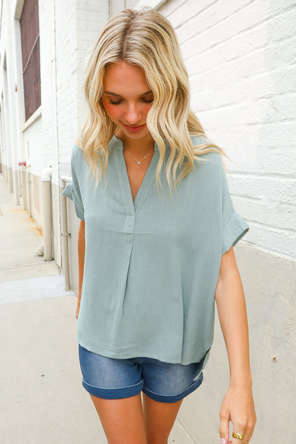 Casual Chic Sage Linen Notch Neck Dolman Short Sleeve Top