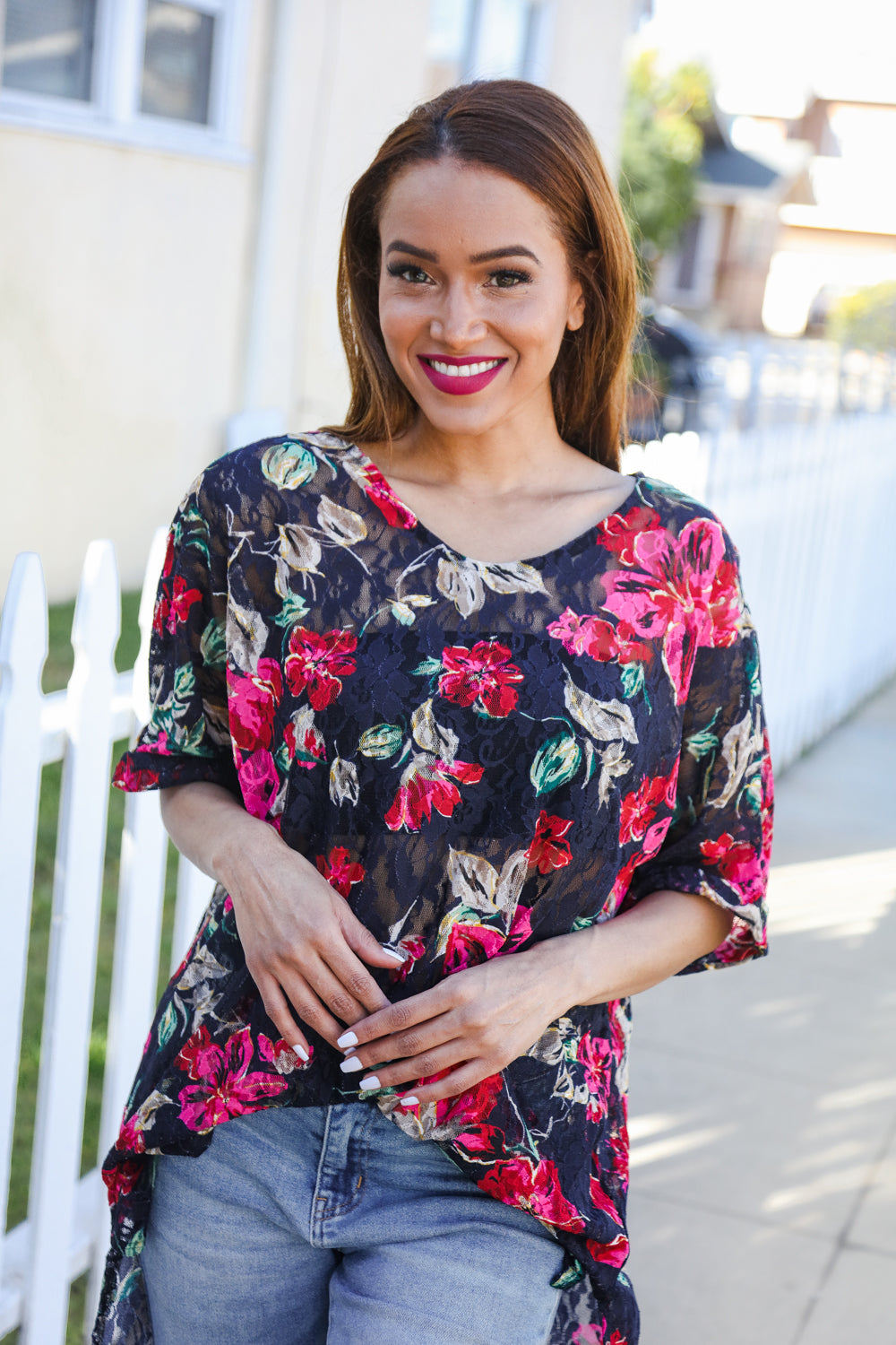 The Perfect Find Black Multicolor Floral Crochet V Neck Top