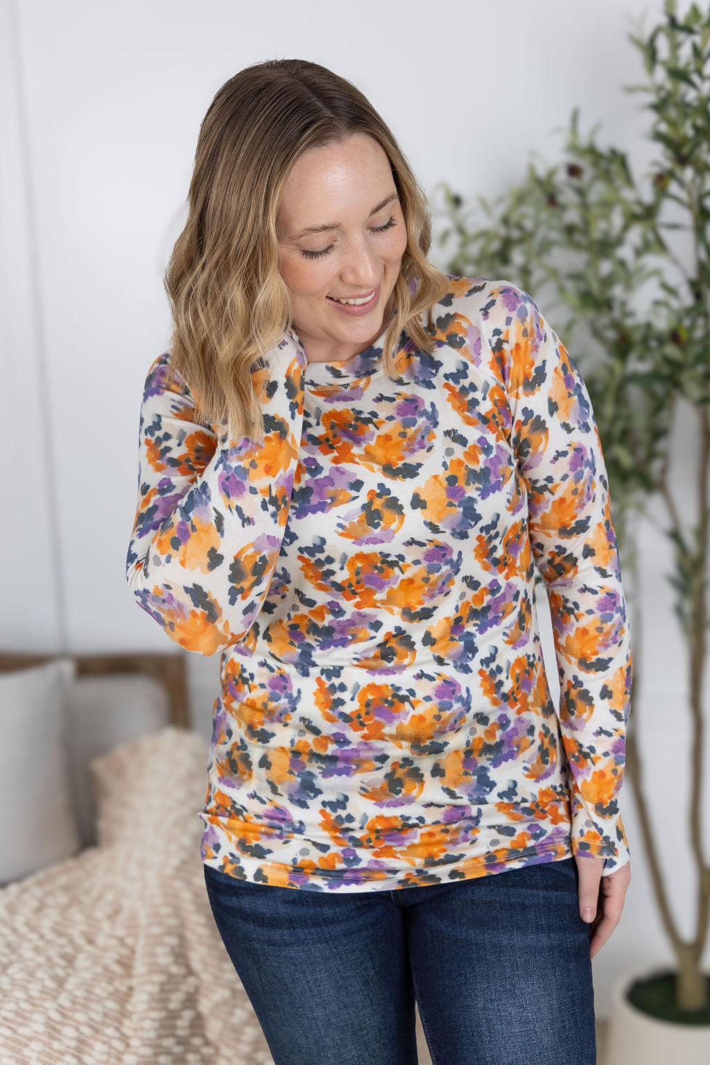 IN STOCK Blair Long Sleeve Top - Autumn Purple Abstract