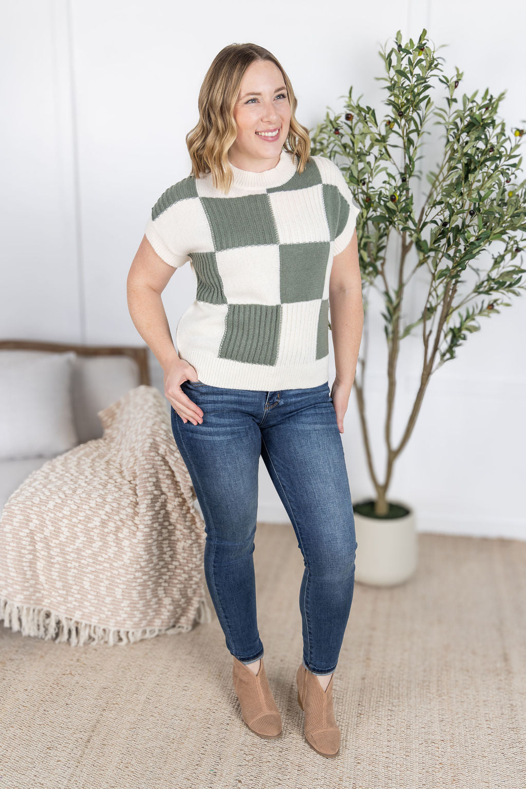 PREBOOK Checkered Sweater Top - Sage