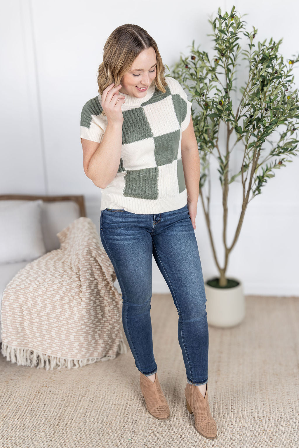 PREBOOK Checkered Sweater Top - Sage