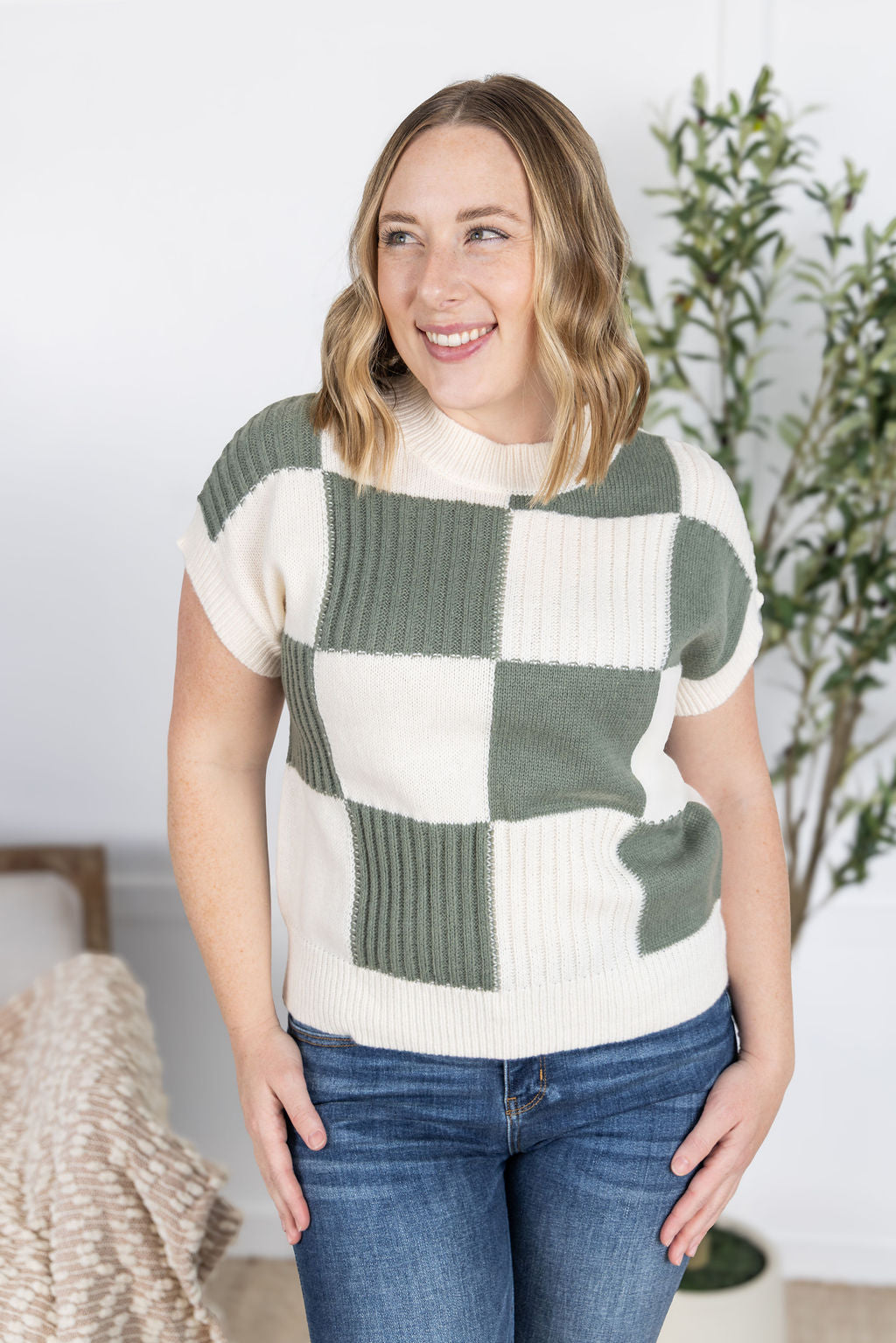 PREBOOK Checkered Sweater Top - Sage