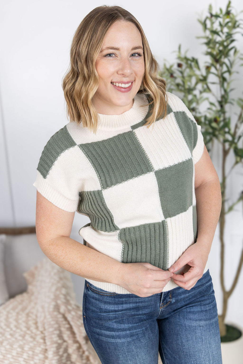 PREBOOK Checkered Sweater Top - Sage