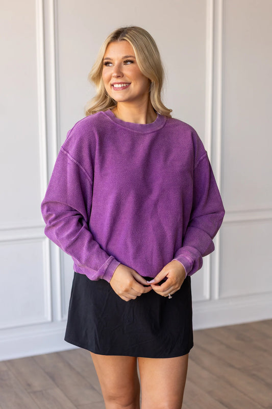 PURPLE - Essential Luxe Corded Crew Sweatshirt