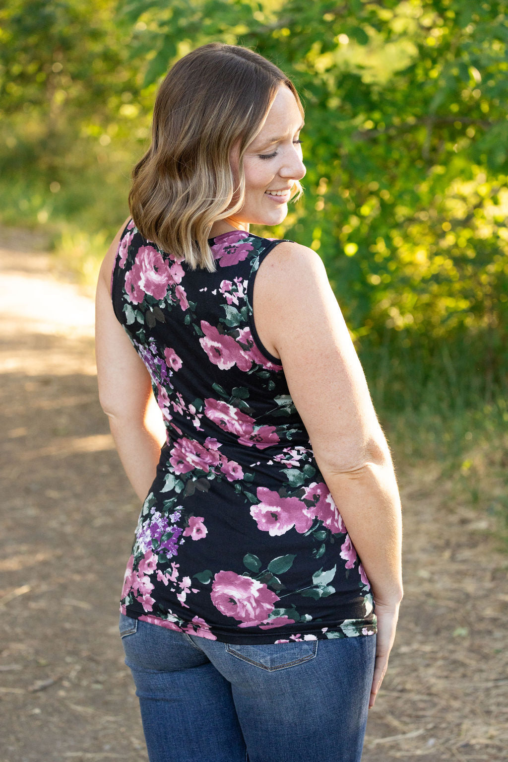 IN STOCK Luxe Crew Tank - Black and Mauve Floral