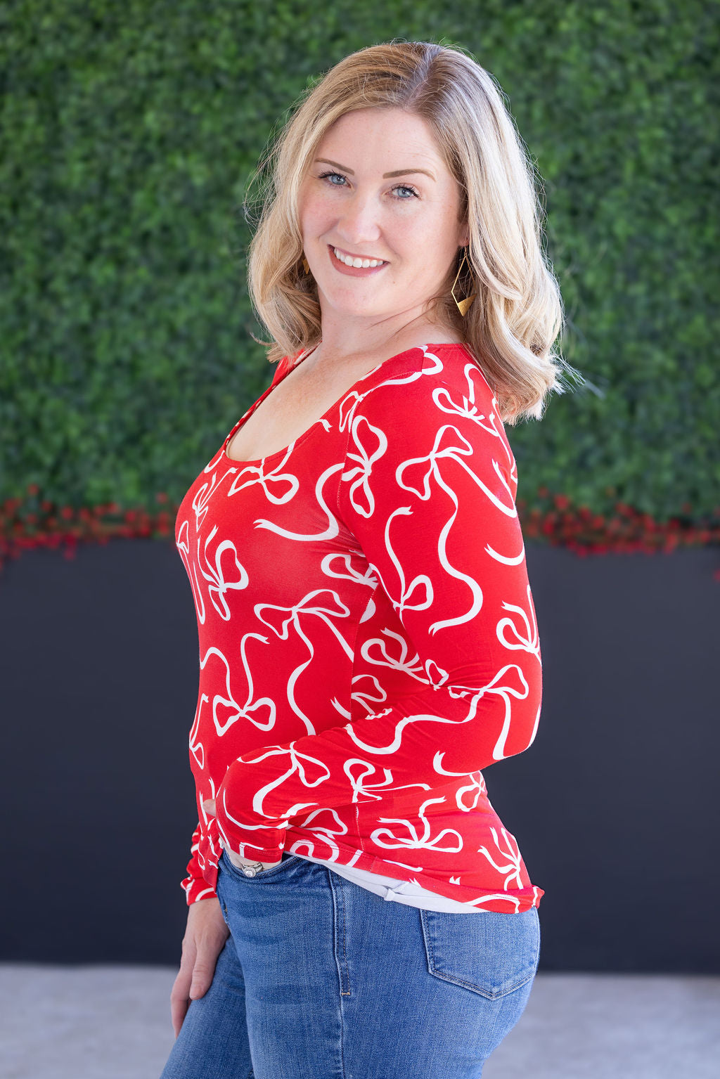 IN STOCK Alyssa Long Sleeve Top - Red and White Ribbons