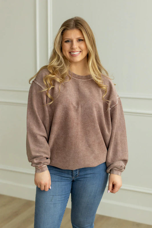 CAPPUCCINO- Essential Luxe Corded Crew Sweatshirt