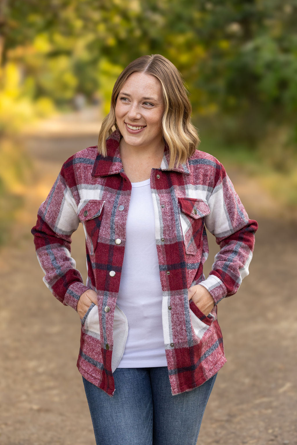 IN STOCK Norah Plaid Shacket - Merlot and Grey Mix