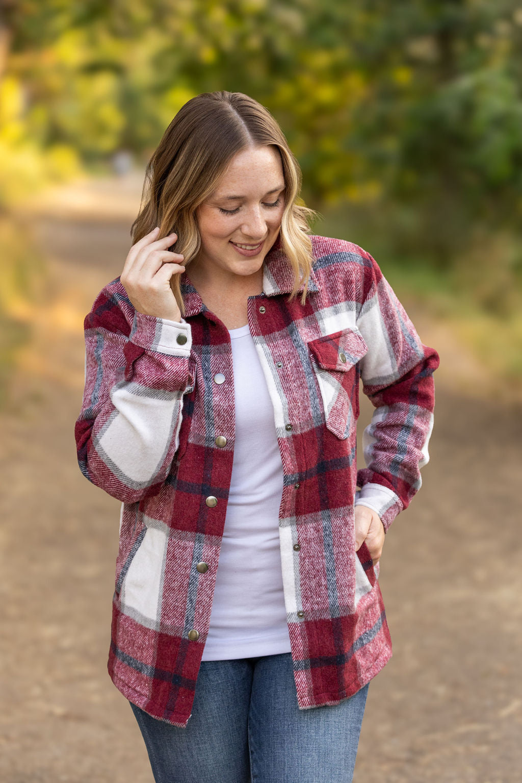 IN STOCK Norah Plaid Shacket - Merlot and Grey Mix