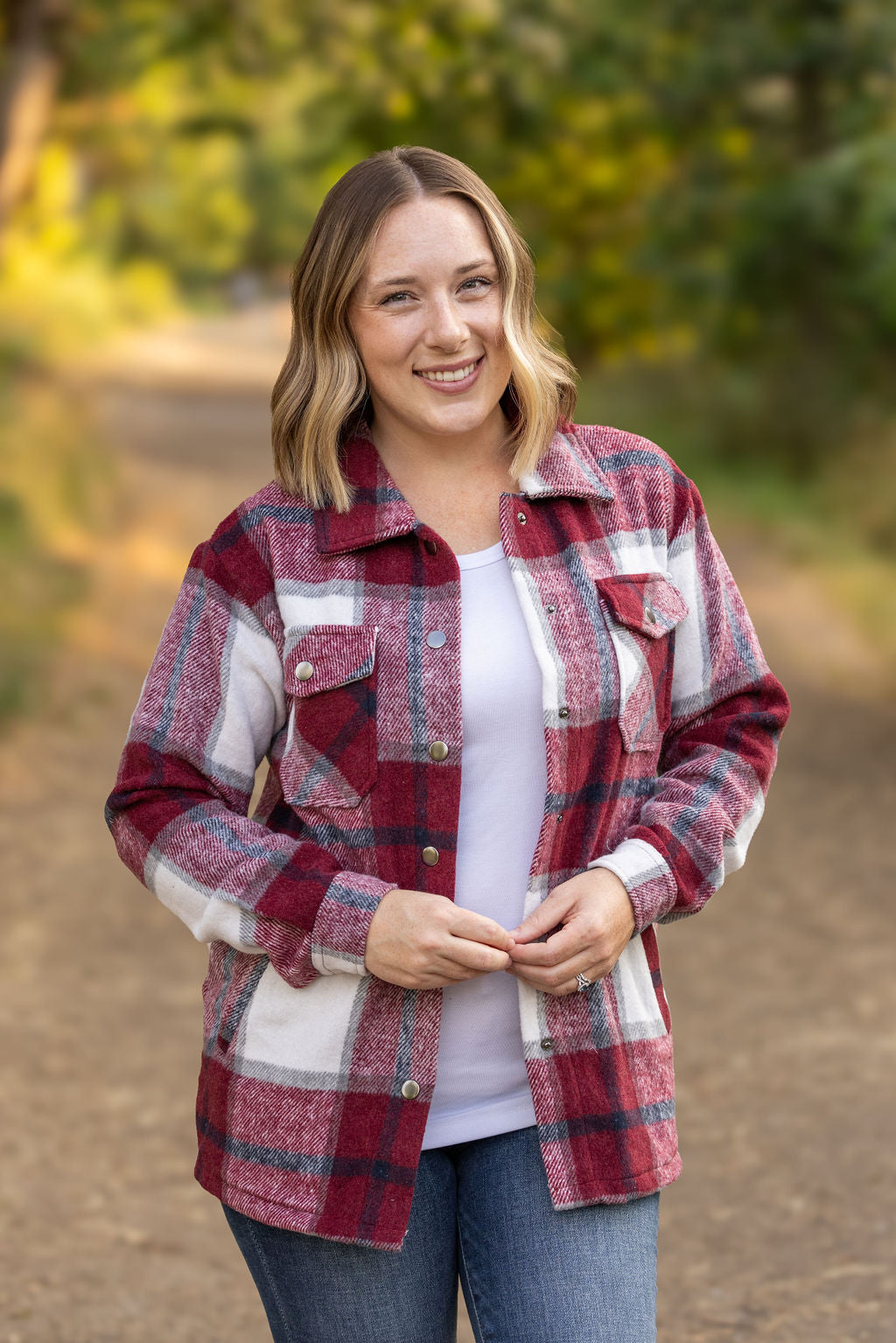 IN STOCK Norah Plaid Shacket - Merlot and Grey Mix