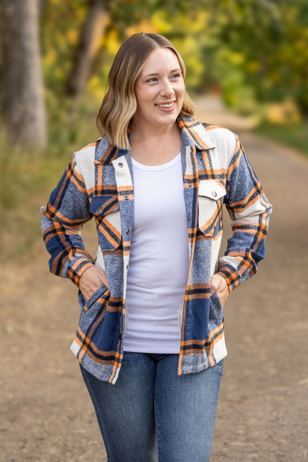 IN STOCK Norah Plaid Shacket - Navy and Orange