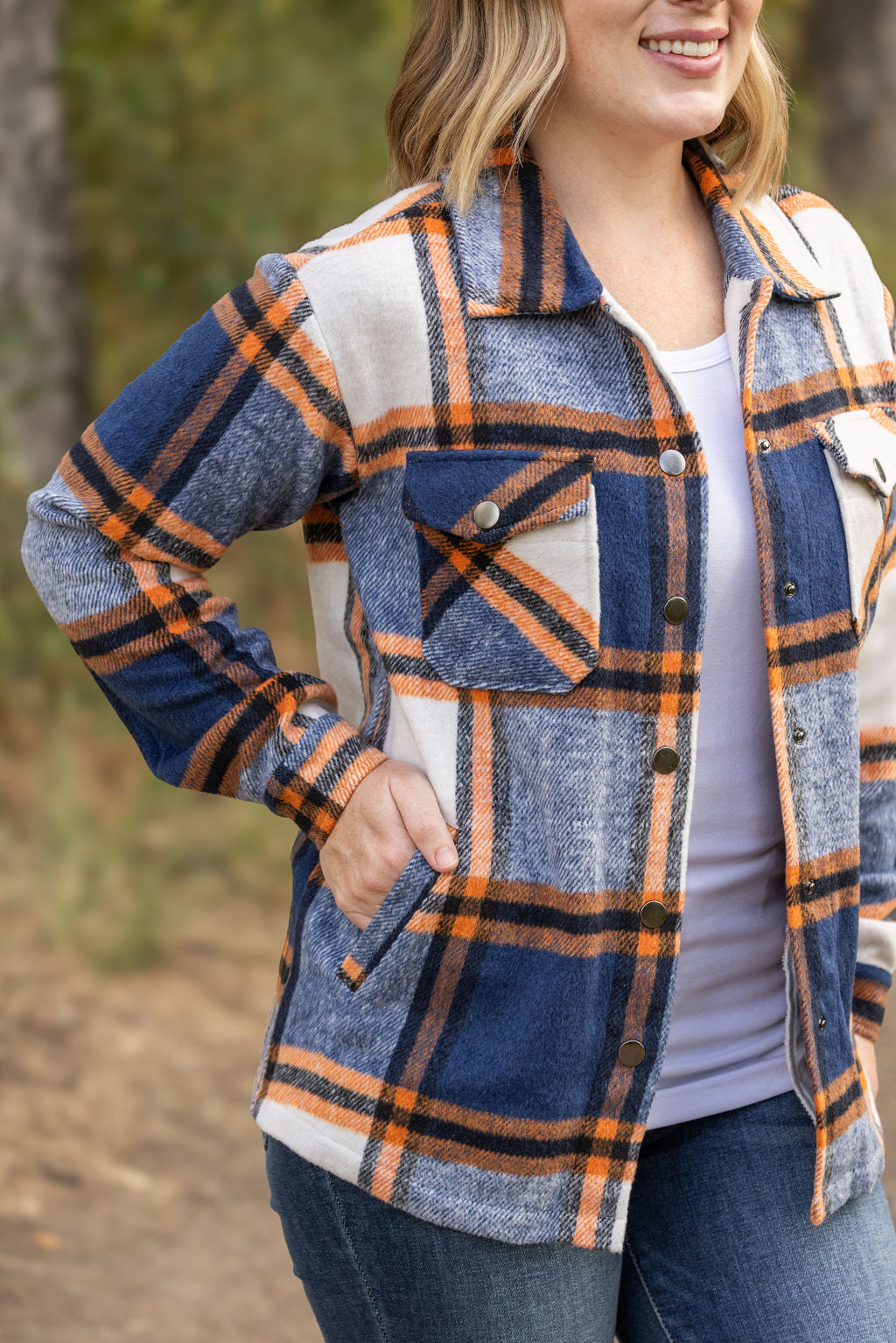 IN STOCK Norah Plaid Shacket - Navy and Orange