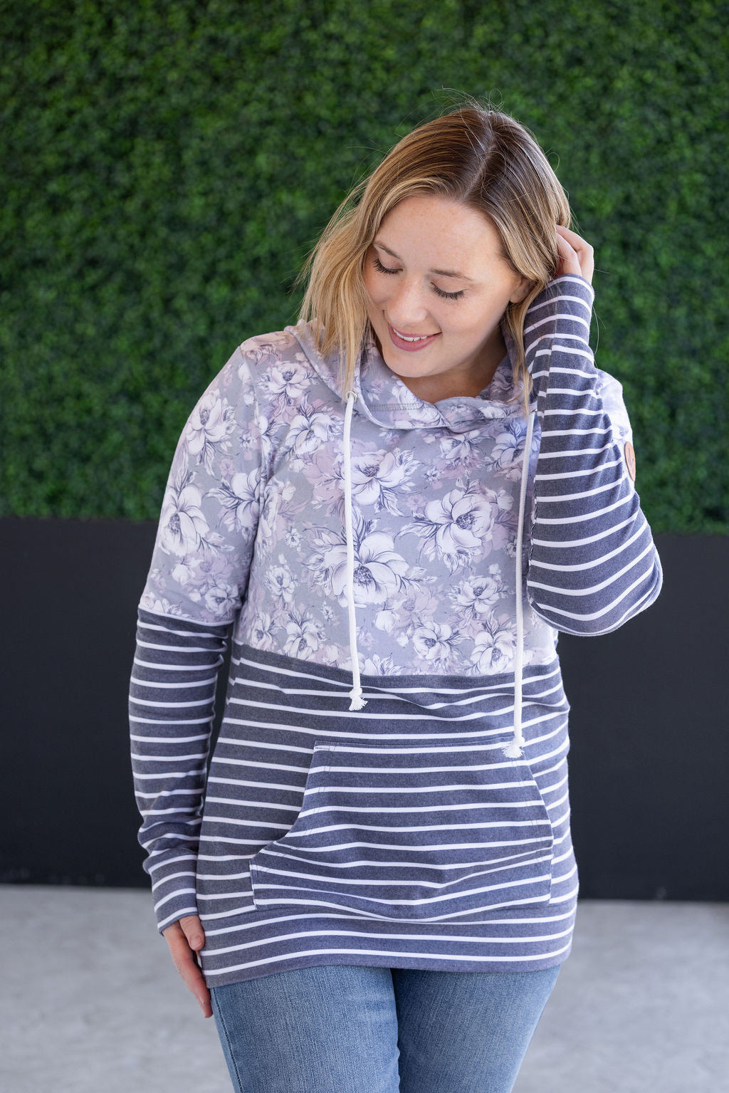 IN STOCK Hailey Pullover Hoodie - Vintage Grey Floral and Stripes