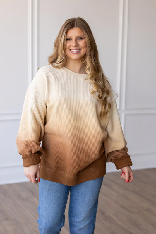 OMBRE COZY CORD SWEATSHIRT - EGGNOG/TOFFEE