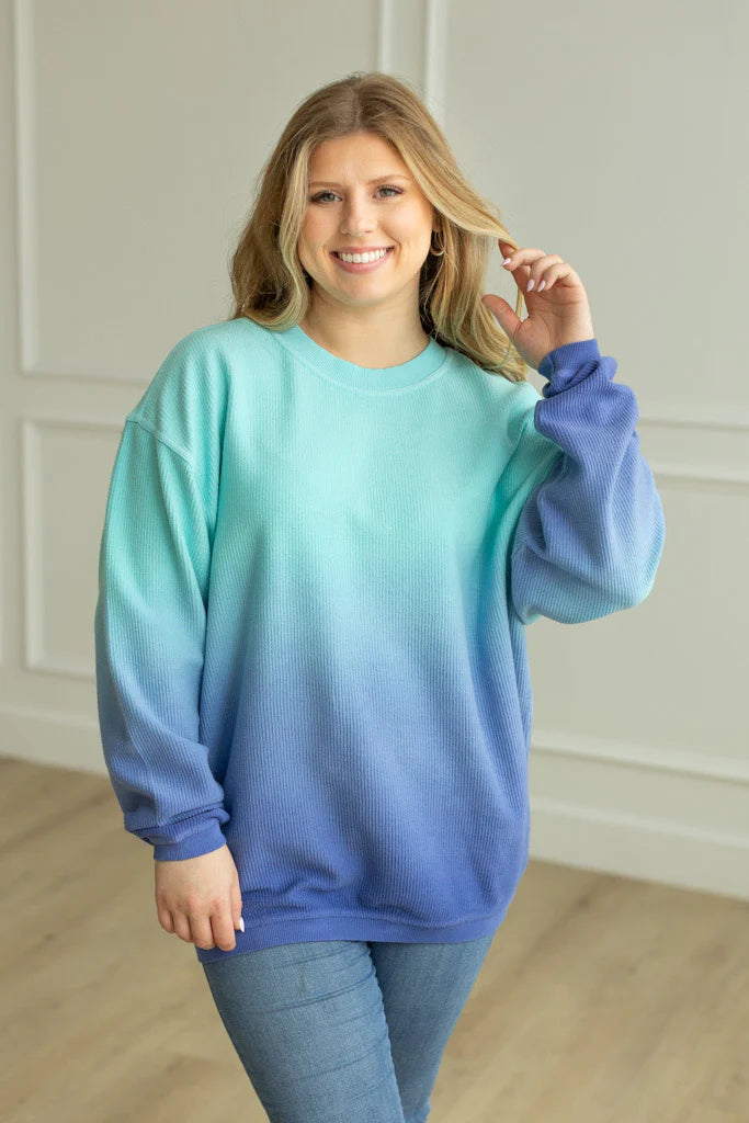 OMBRE COZY CORD SWEATSHIRT - TEAL/BLUE
