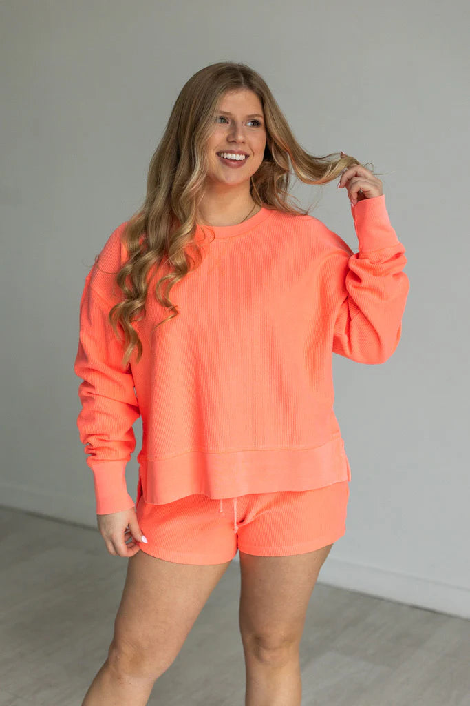 CROPPED SIDE SLIT CORDED CREW - NEON CORAL