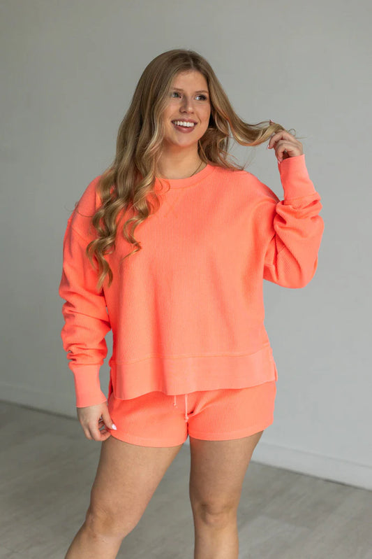 CROPPED SIDE SLIT CORDED CREW - NEON CORAL