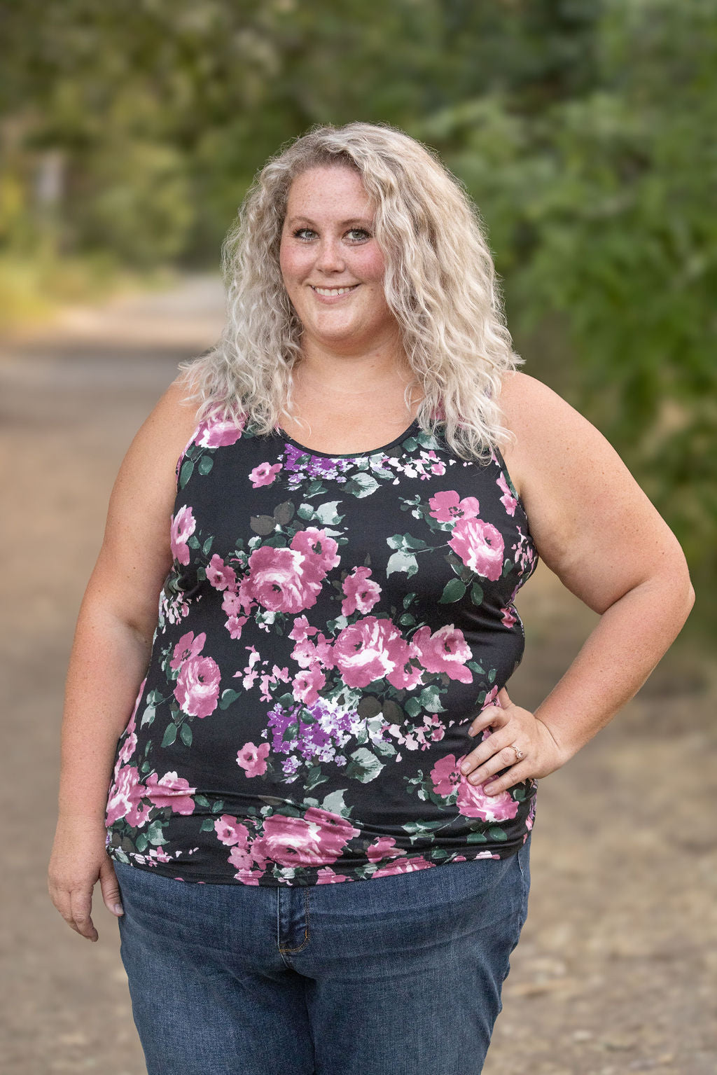 IN STOCK Luxe Crew Tank - Black and Mauve Floral