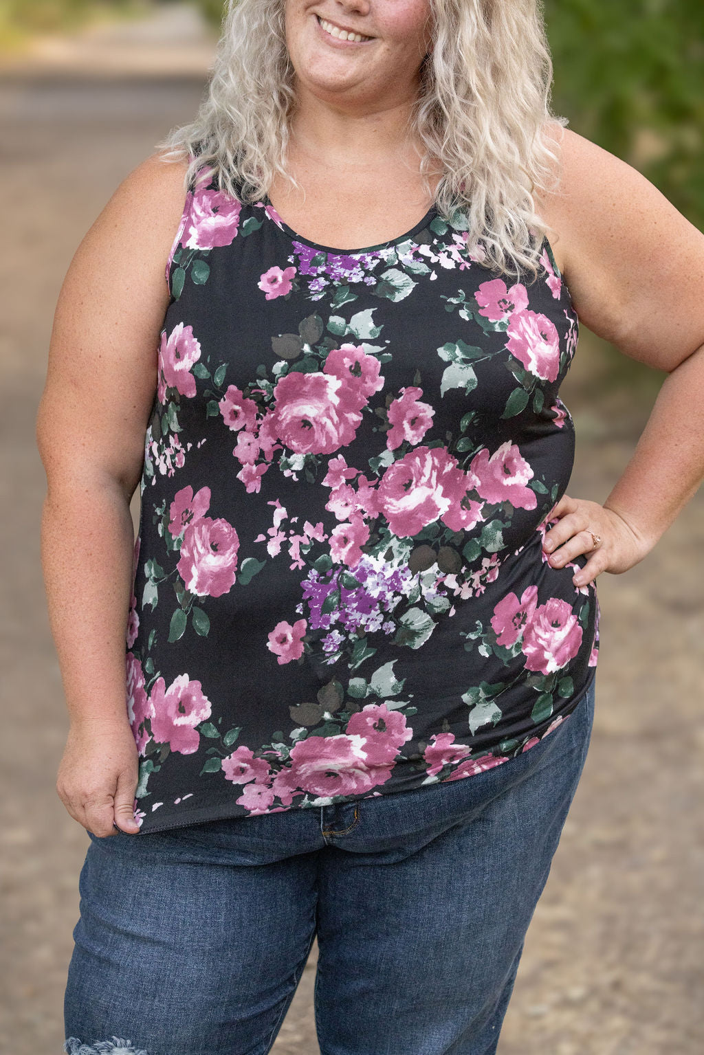 IN STOCK Luxe Crew Tank - Black and Mauve Floral