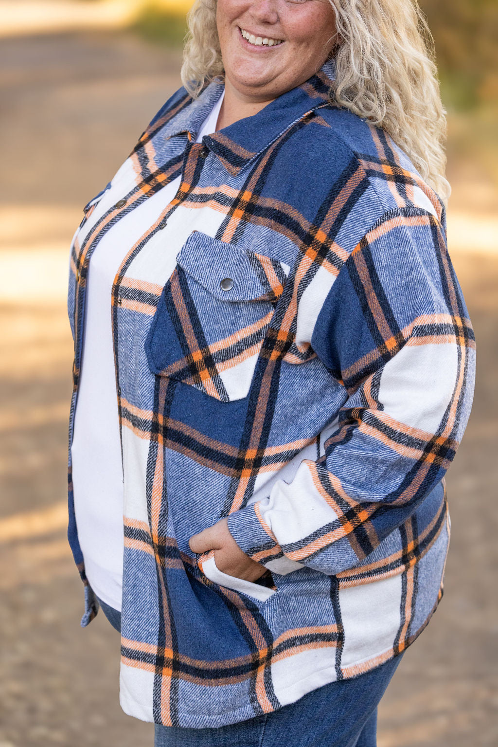 IN STOCK Norah Plaid Shacket - Navy and Orange