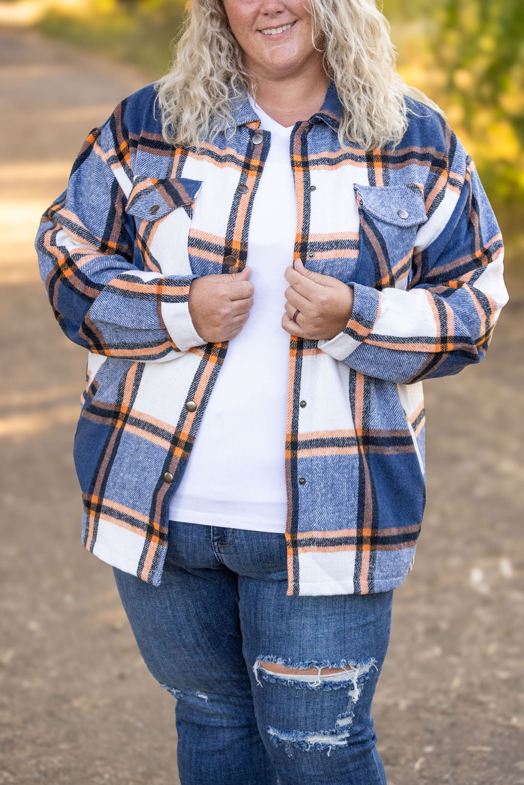 IN STOCK Norah Plaid Shacket - Navy and Orange