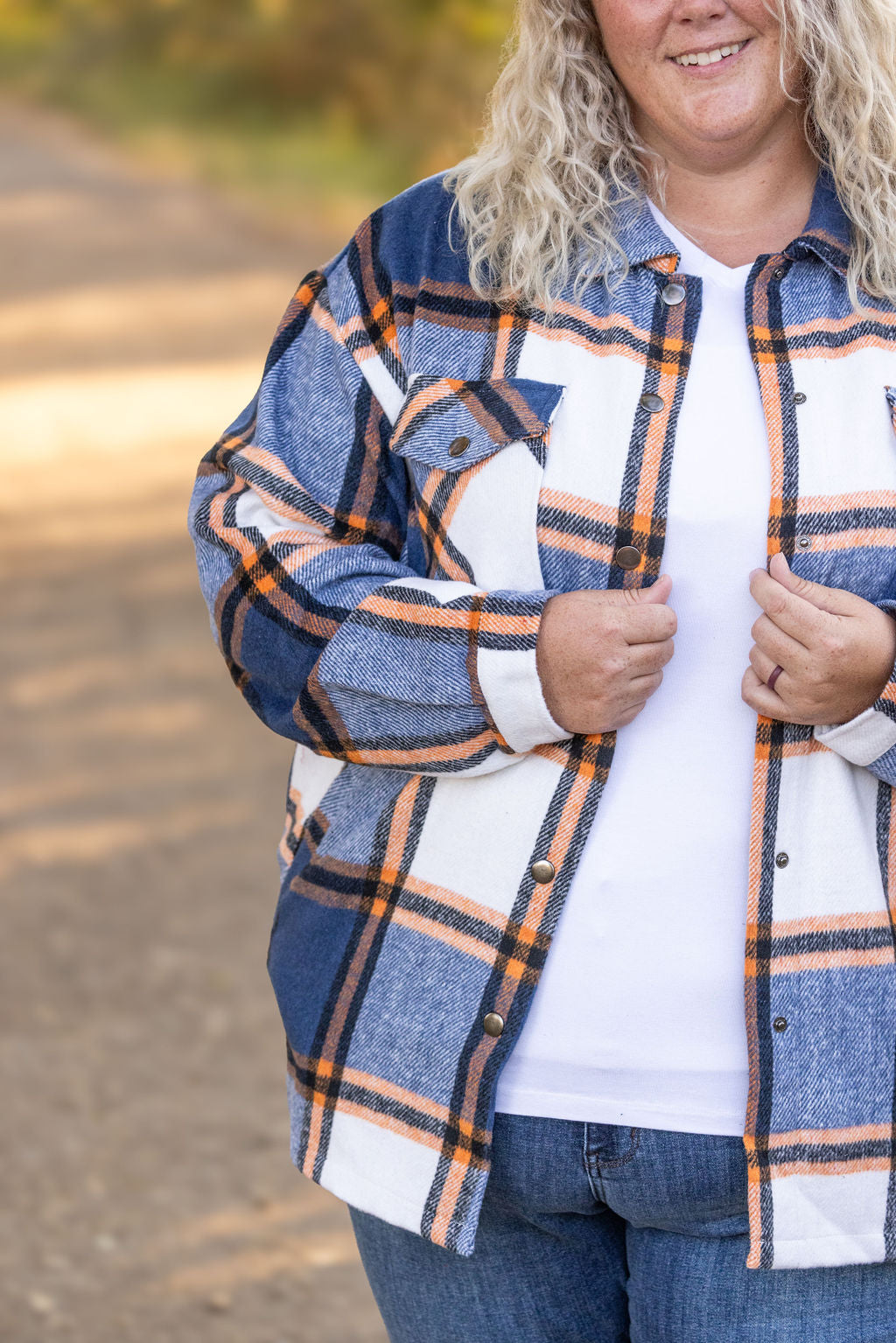 IN STOCK Norah Plaid Shacket - Navy and Orange