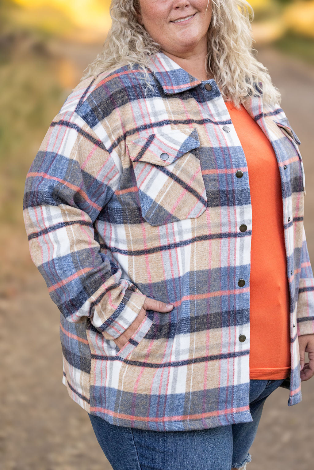 IN STOCK EN ROUTE Norah Plaid Shacket - Tan and Blue