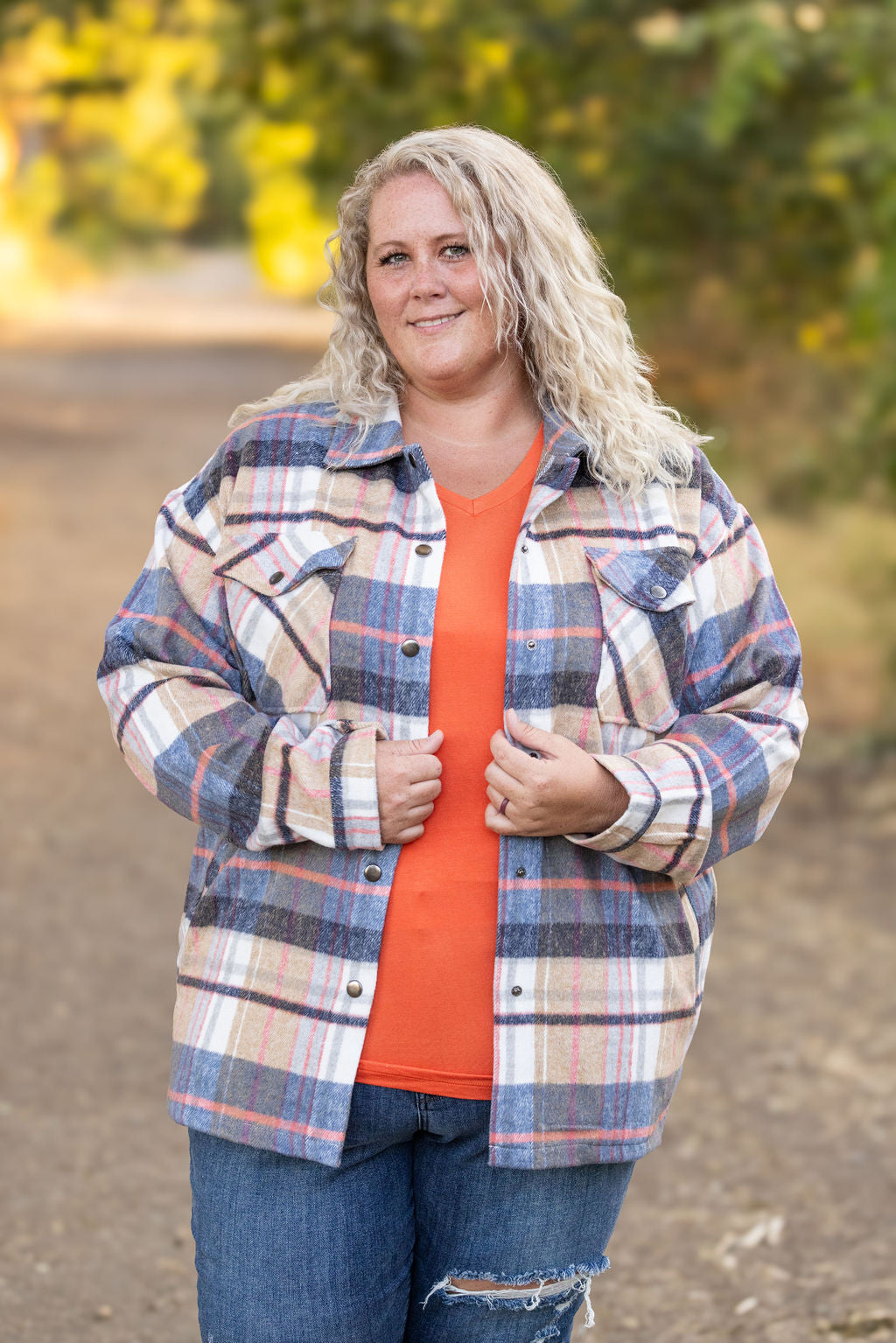 IN STOCK EN ROUTE Norah Plaid Shacket - Tan and Blue