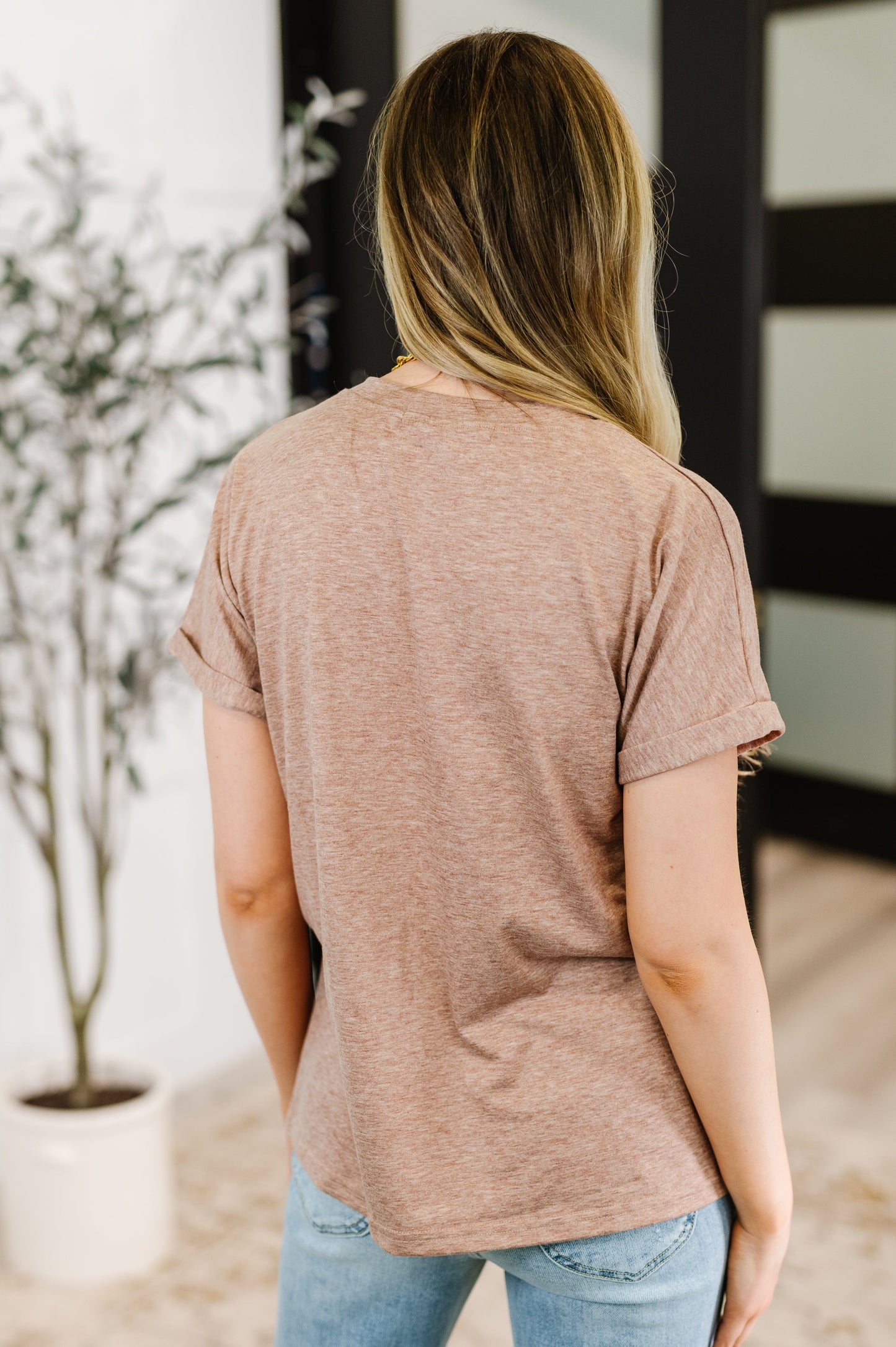 Almost There V-Neck Henley Top In Taupe