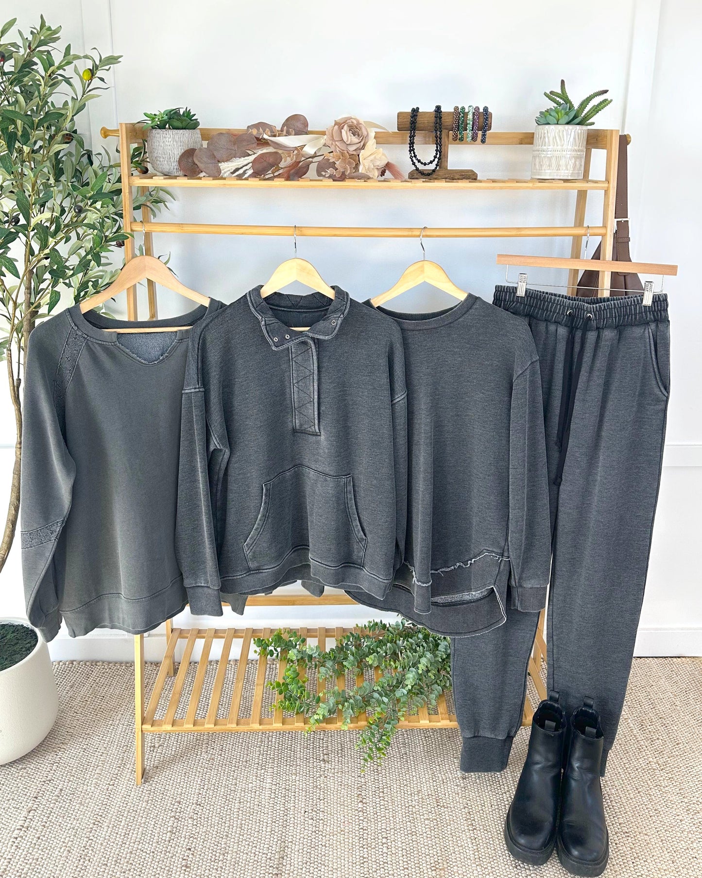 IN STOCK Lace Accent Vintage Wash Pullover - Black