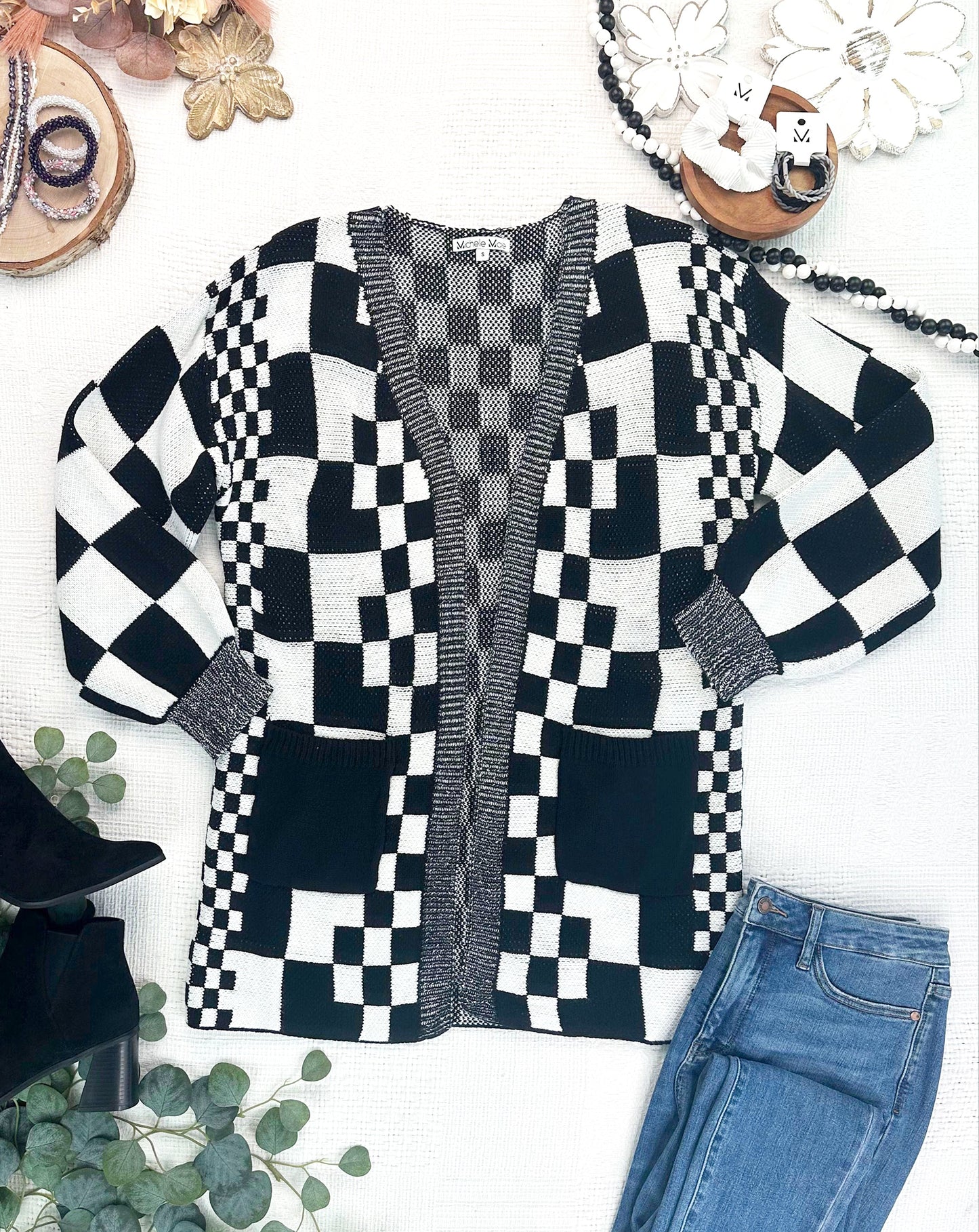 IN STOCK Long Checkered Pocket Cardigan - Black and White